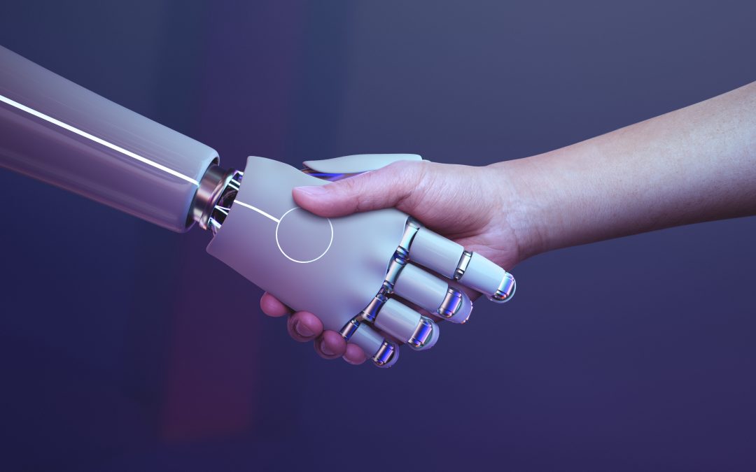 KI-Revolution Roboterhand schüttelt eine Menschenhand
