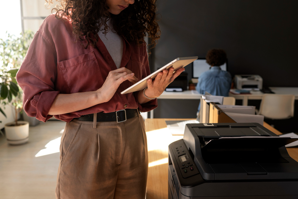 Frau installiert eine software auf dem Drucker